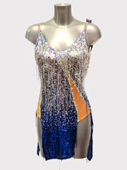 Bianna, beautiful shiny blue to silver latin dance dress, size S/M in stock