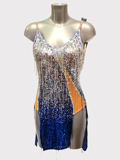 Bianna, belle robe de danse latine bleu brillant  argent, taille S/M en stock