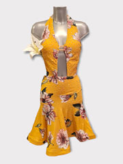 Malianna, yellow printed flower latin dance dress design, size S/M in stock