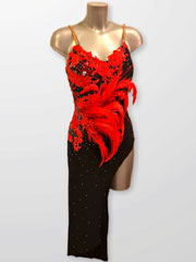 Valeria, robe de danse latine style longue avec des plumes de coqs rouges, taille S/M en stock